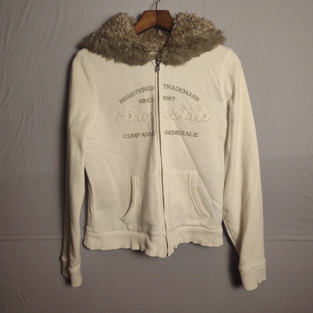 Aeropostale Womens XL Cream Faux Fur Lined Full Zip Hoodie Logo Sweatshirt